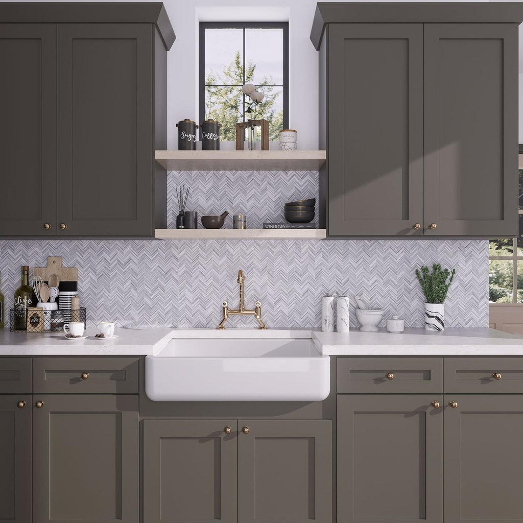 Country kitchen marble backsplash chevron patterned tile