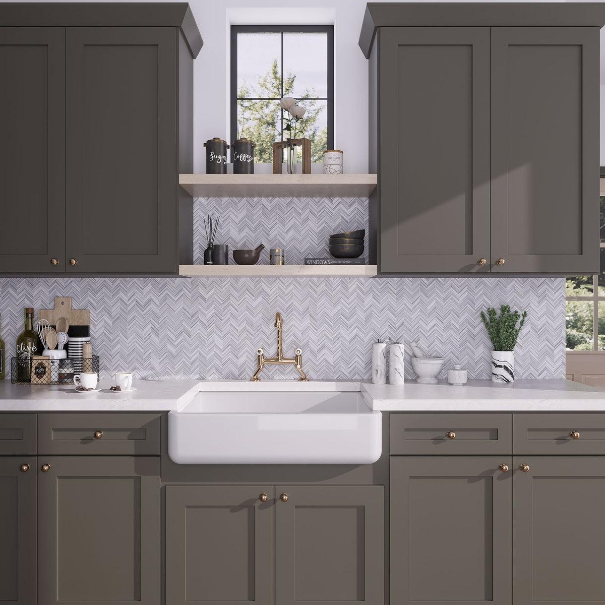 Country kitchen marble backsplash chevron patterned tile