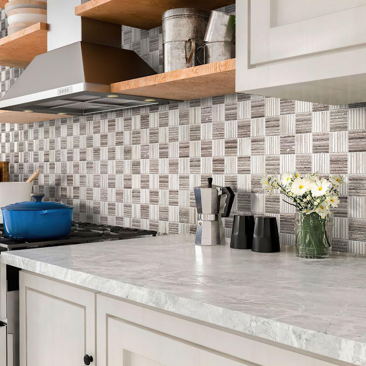 Sticks Wooden Beige Marble Mosaic Tile Kitchen Backsplash