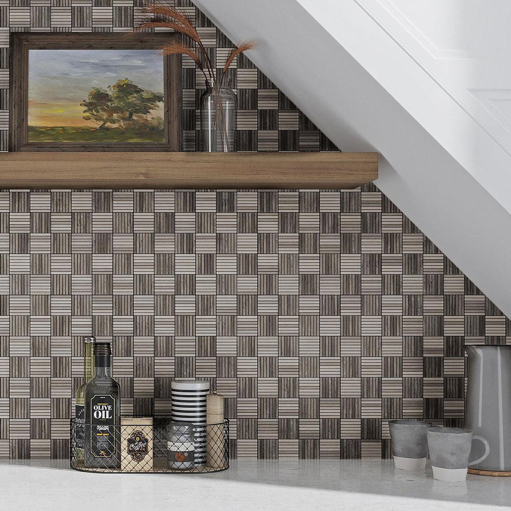 Kitchen with Sticks Wooden Beige Marble Mosaic Tile Backsplash