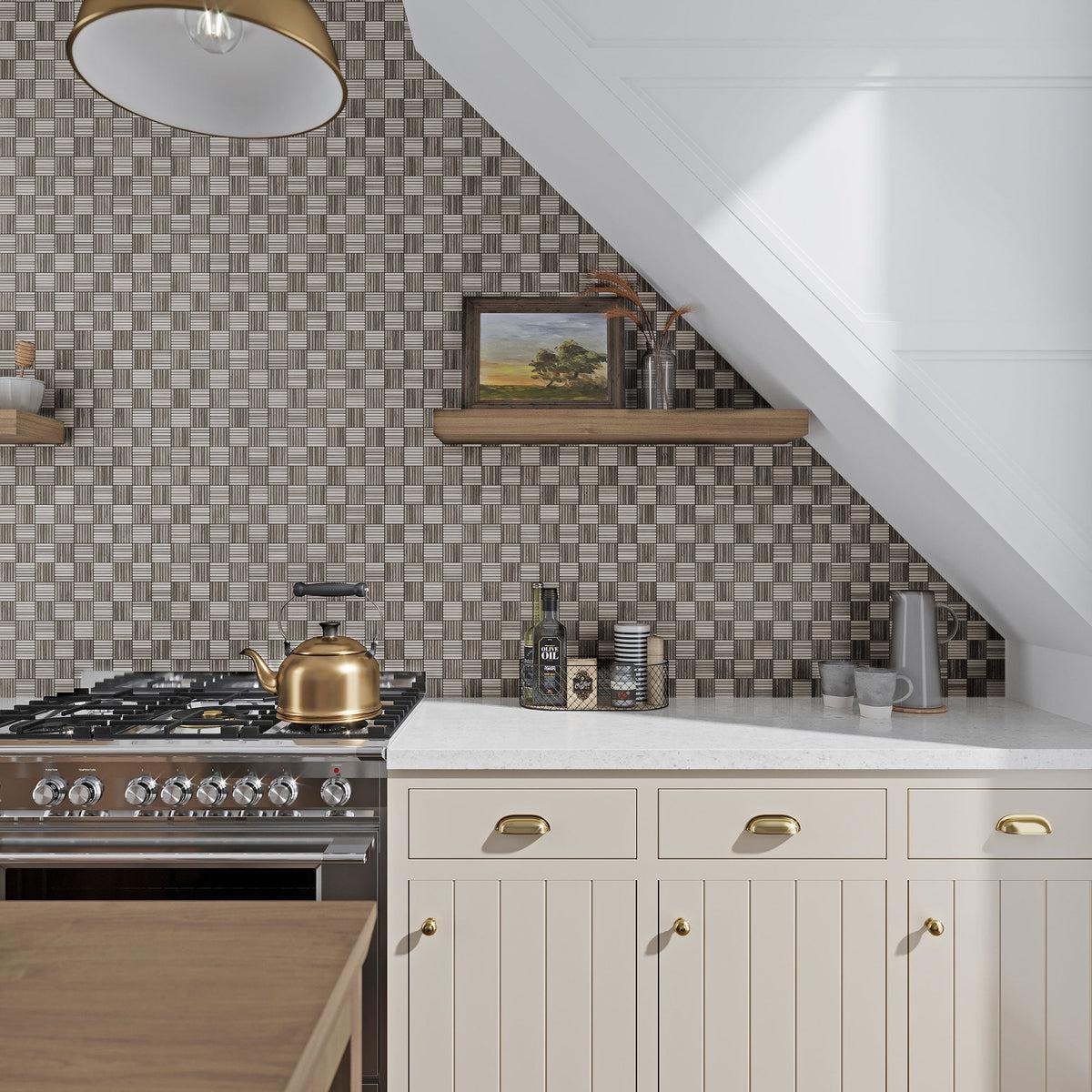 Attic Kitchen with Sticks Wooden Beige Marble Mosaic Tile Wall