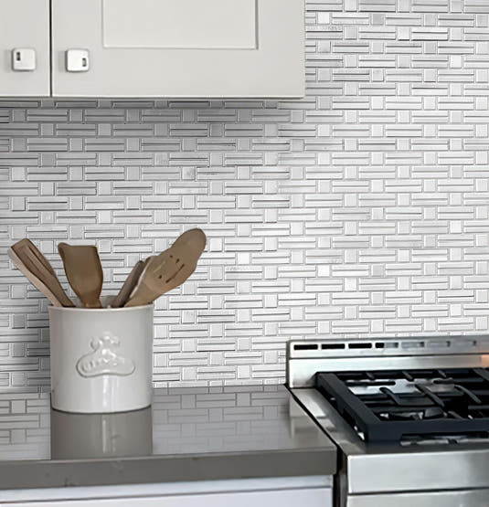 White geometric marble mosaic on kitchen wall
