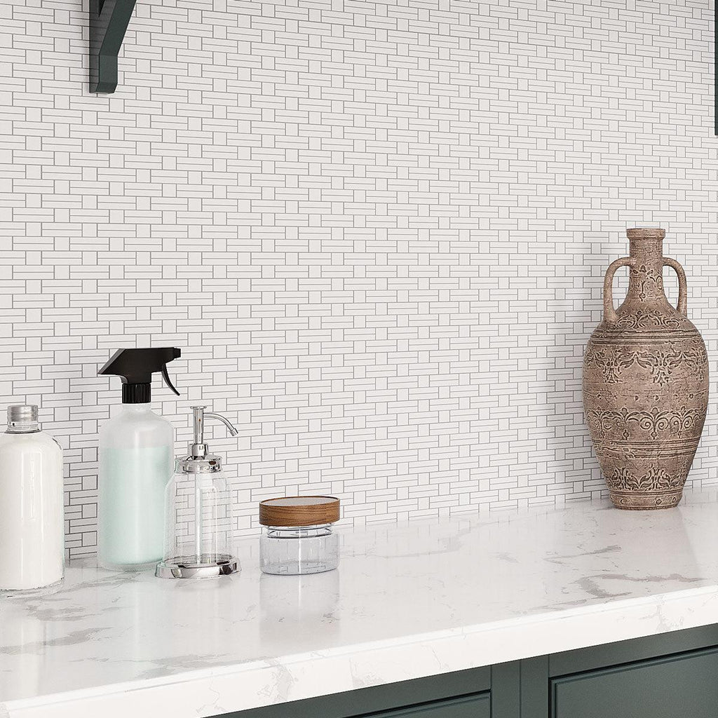 Minimal geometric tile backsplash for a contemporary laundry room