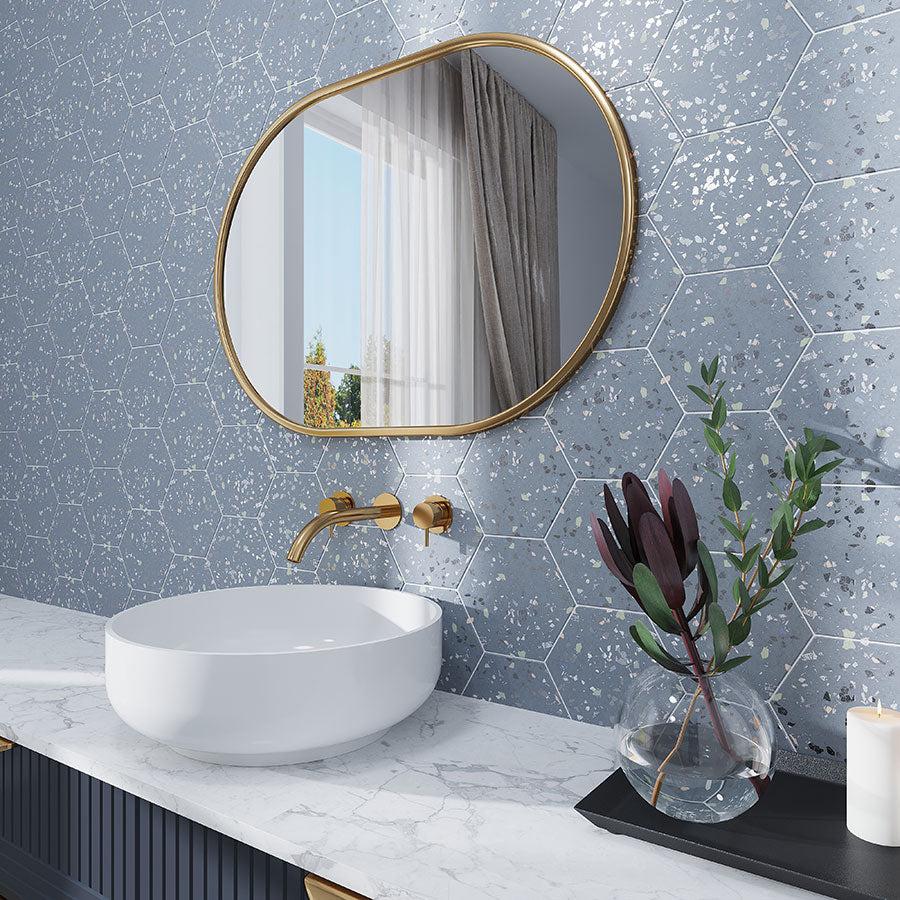Stormy Sky Terrazzo Hex Porcelain Tile bathroom wall