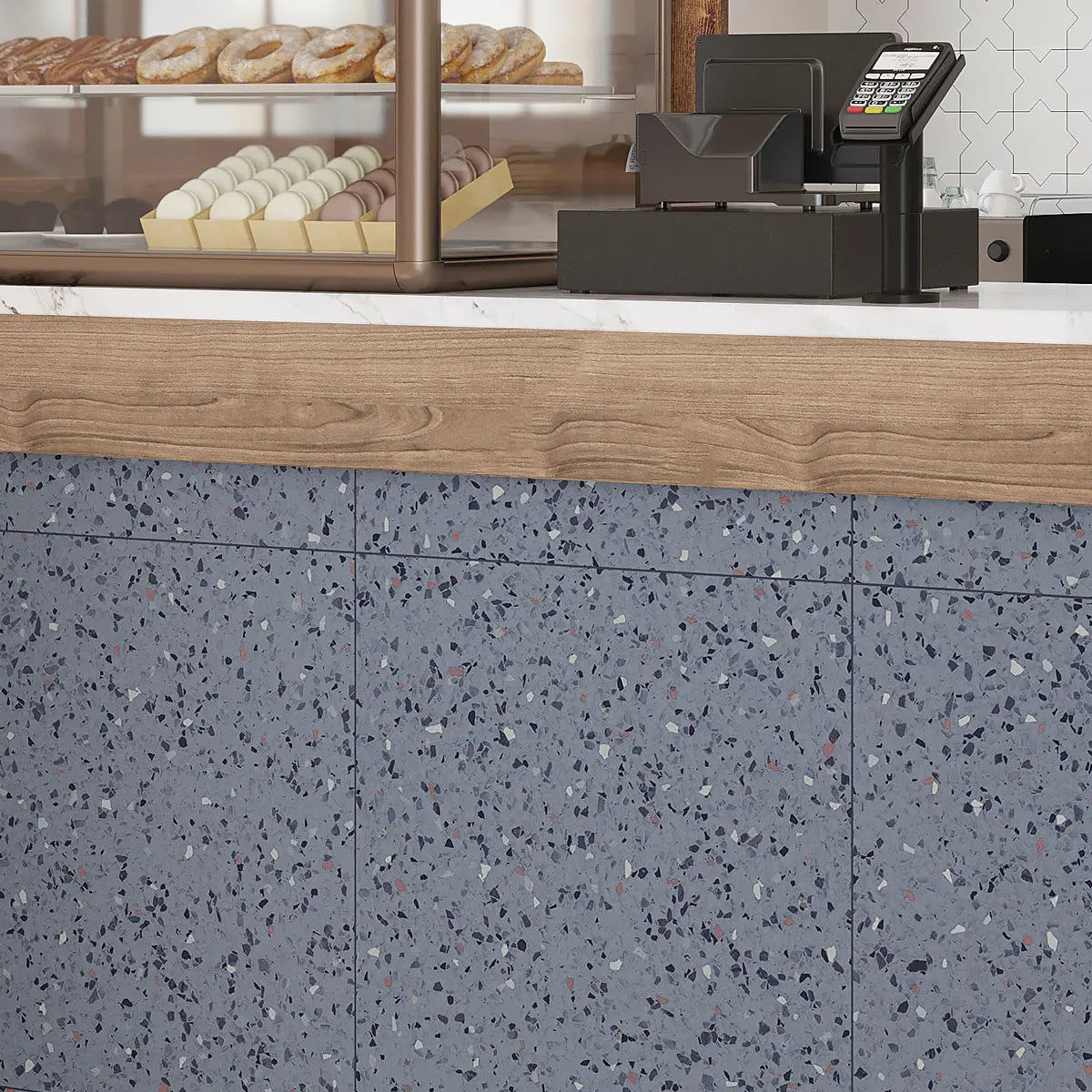 Stormy Sky Terrazzo Square Porcelain Tile COunter Facing