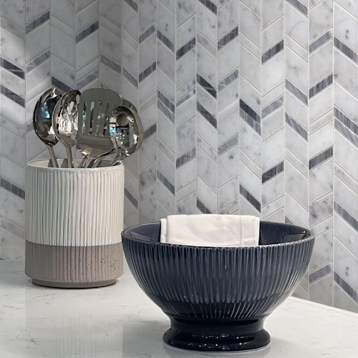 Striped Herringbone Carrara Bardiglio Marble Mosaic Tile Kitchen Corner