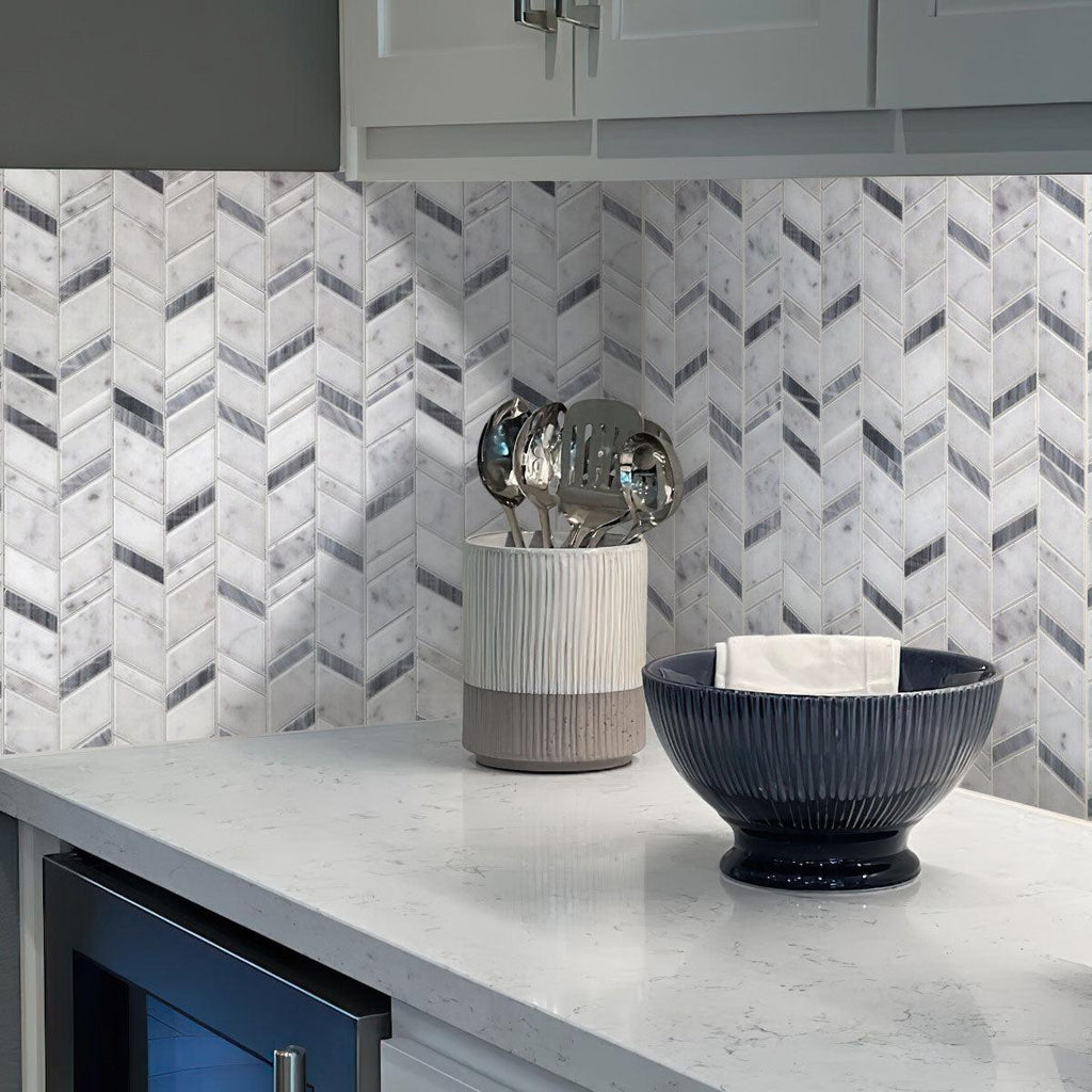 Striped Herringbone Carrara Bardiglio Marble Mosaic Tile Kitchen Backsplash