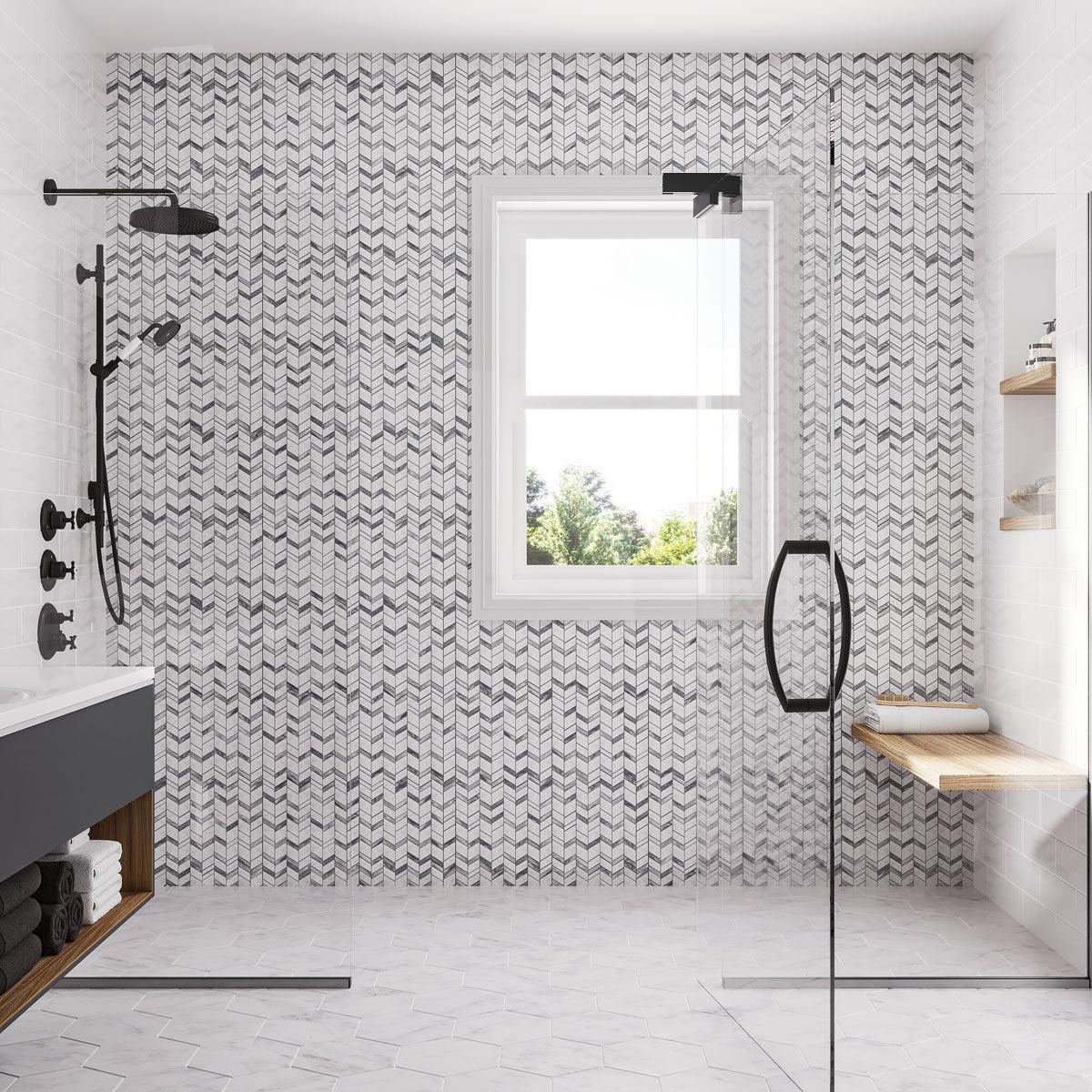 Glass shower enclosure with Striped Herringbone Carrara & Bardiglio Marble Mosaic Tile walls
