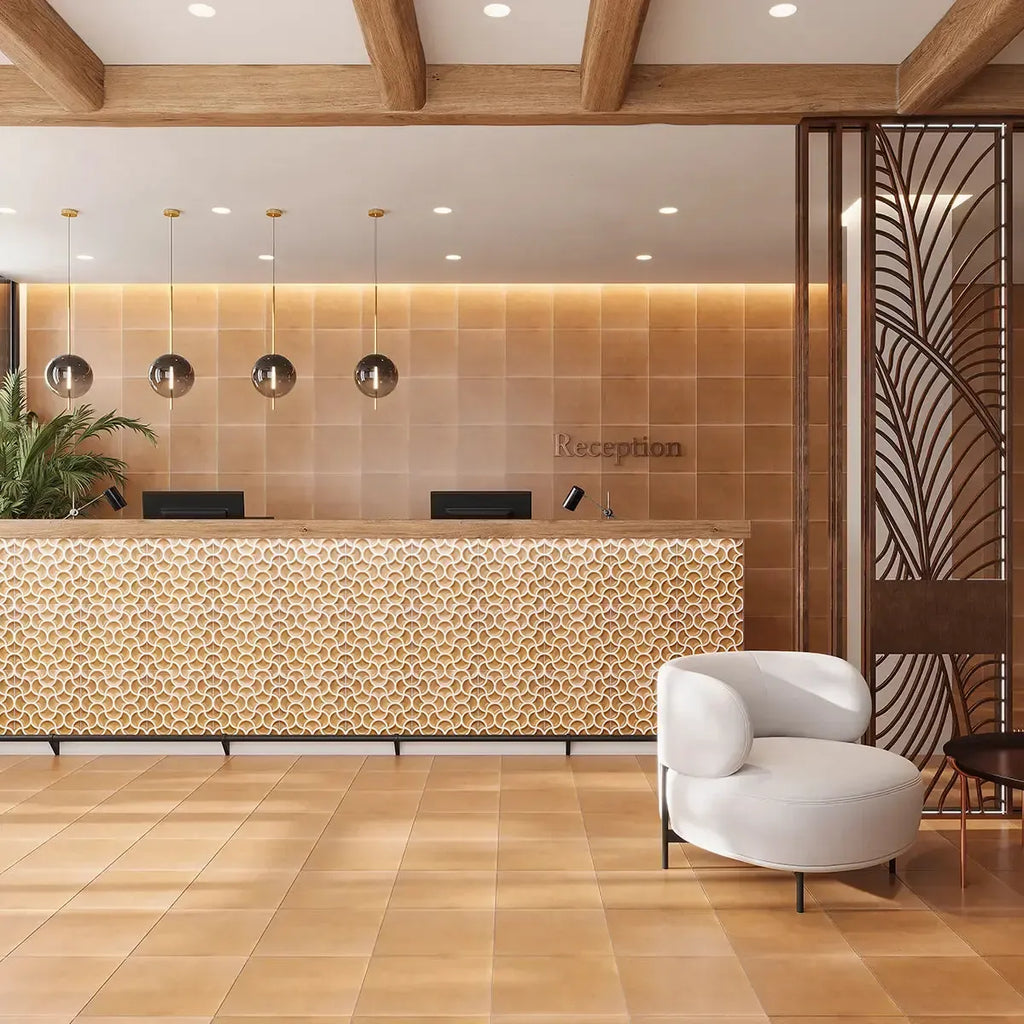 Hotel lobby with textured terra cotta wall tiles
