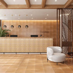 Hotel lobby with textured terra cotta wall tiles