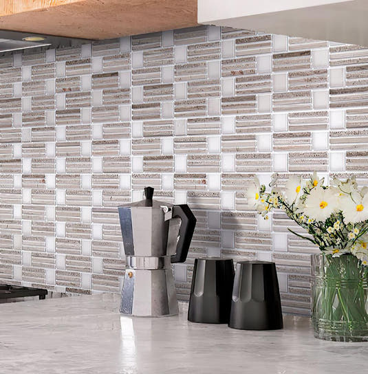 White and wood beige kitchen with marble mosaic wall