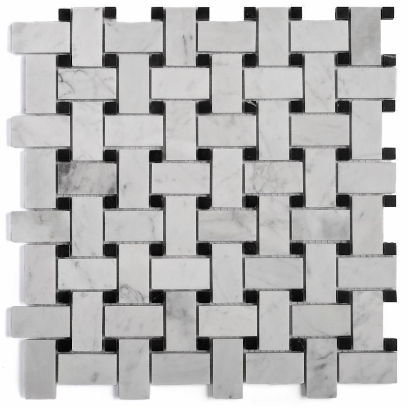 Carrara Basket Weave Tile with Black Dots Sample