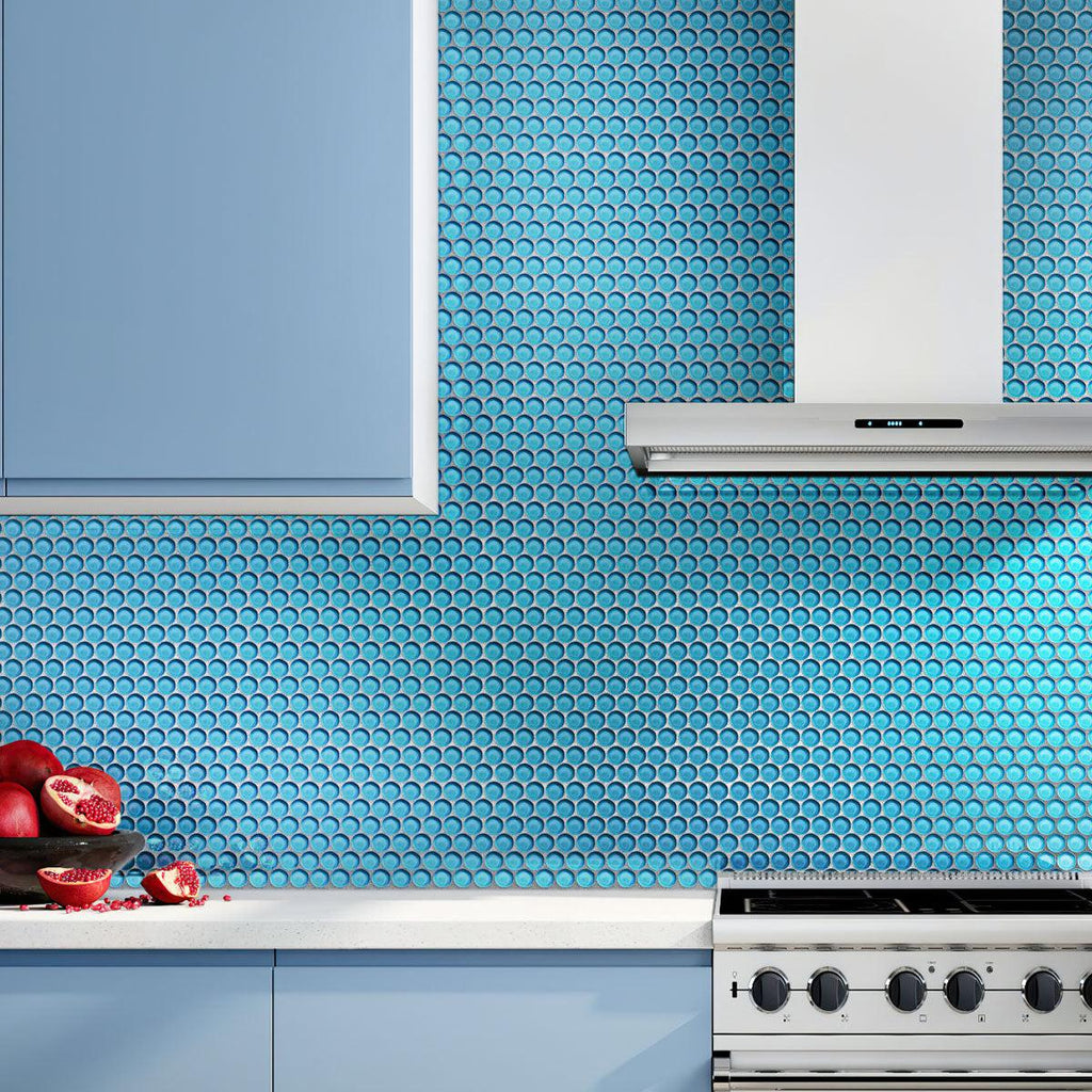 Sea Blue Penny Round Glass Tile kitchen backsplash