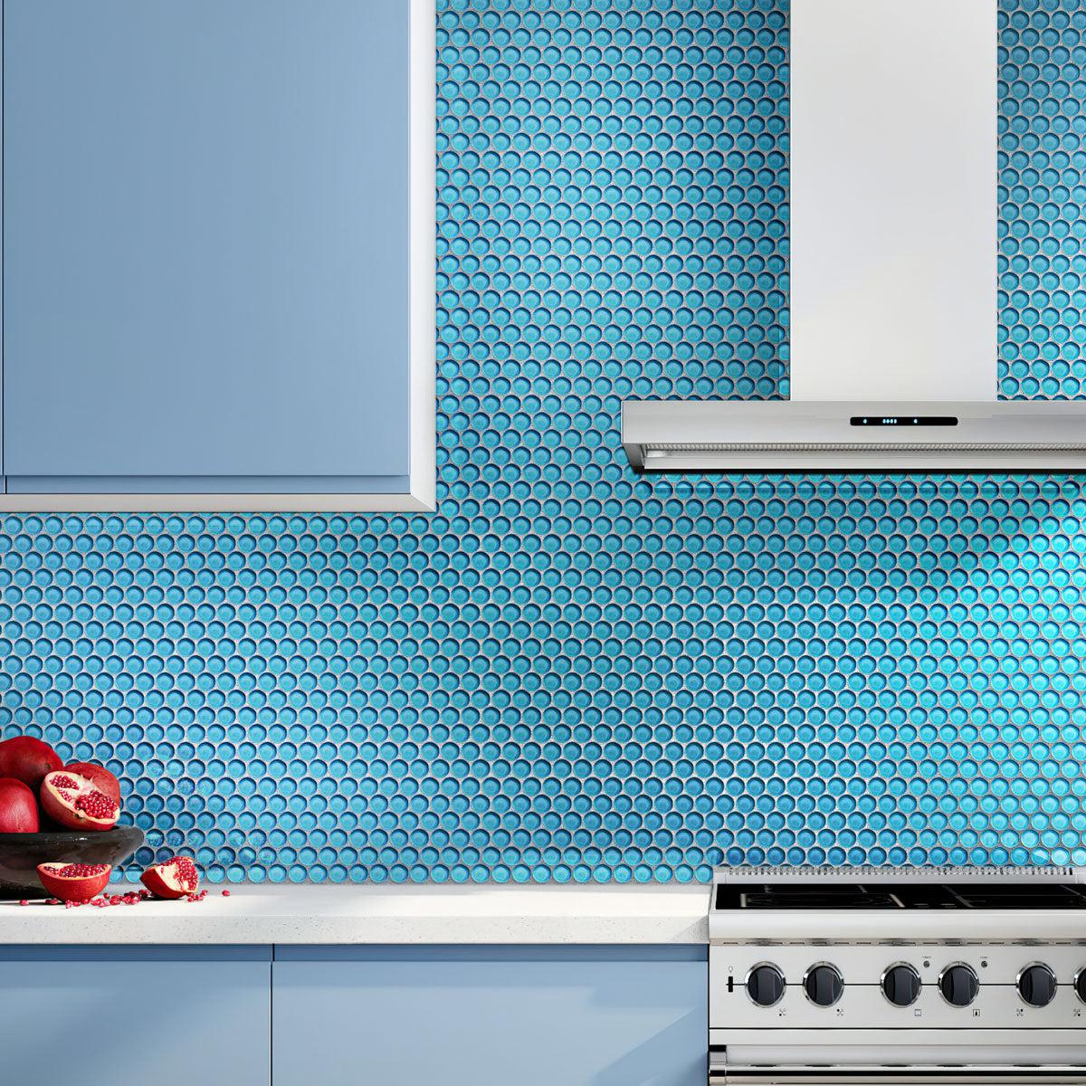 Sea Blue Penny Round Glass Tile kitchen backsplash
