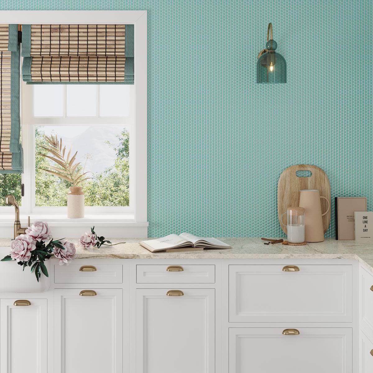 Teal Buttons Porcelain Penny Round Tile | Tile Club