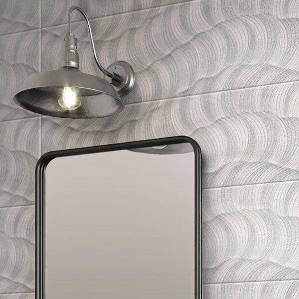 Steel Lamp & Mirror on Tex Grey Atomic Bathroom Wall