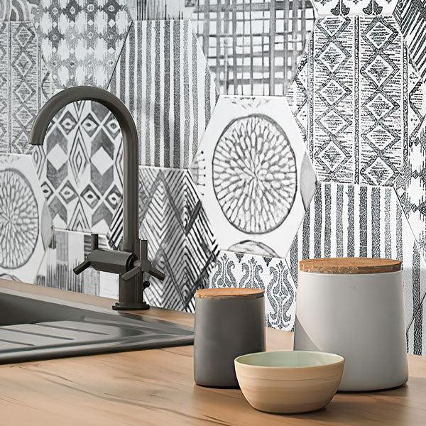 Kitchen Sink Table Close-up in Background of Tex Grey Hexagon Pattern Natural