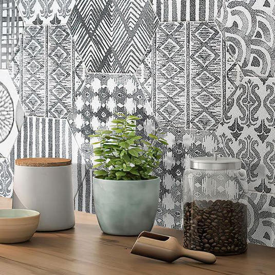 Kitchen Close-up in Background of Tex Grey Hexagon Pattern Natural