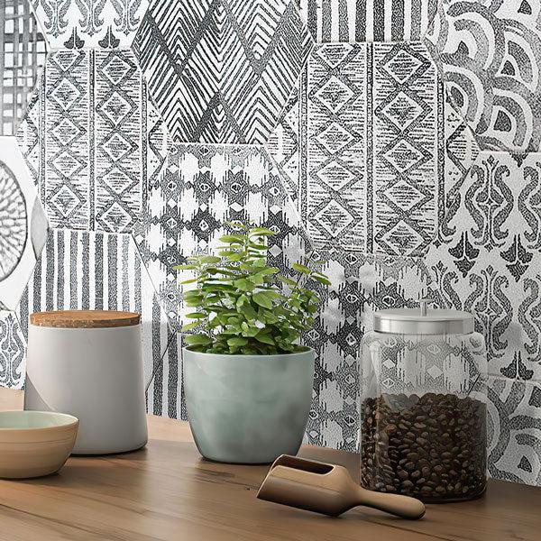 Kitchen Close-up in Background of Tex Grey Hexagon Pattern Natural