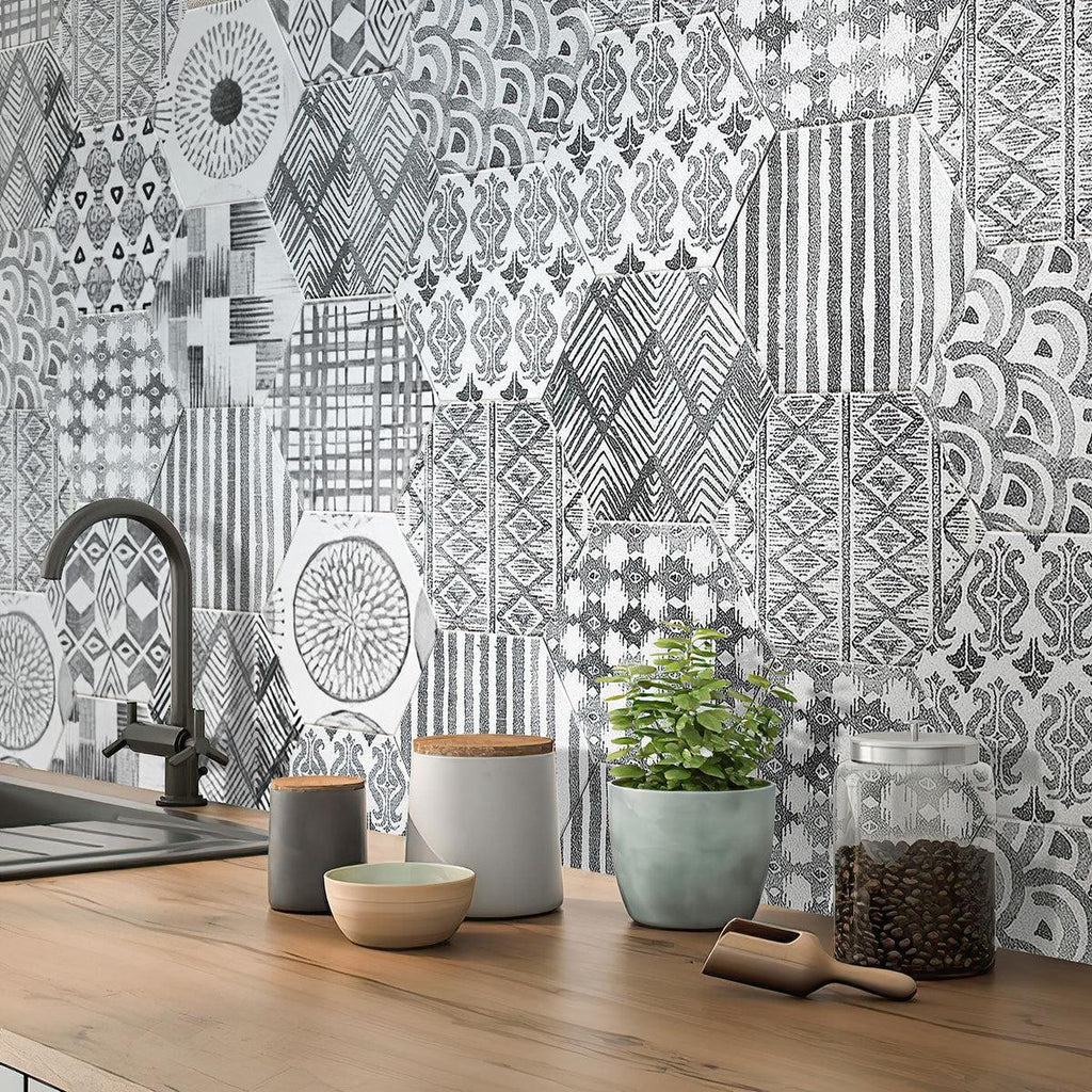 Tex Grey Hexagon Pattern Natural Kitchen Backsplash