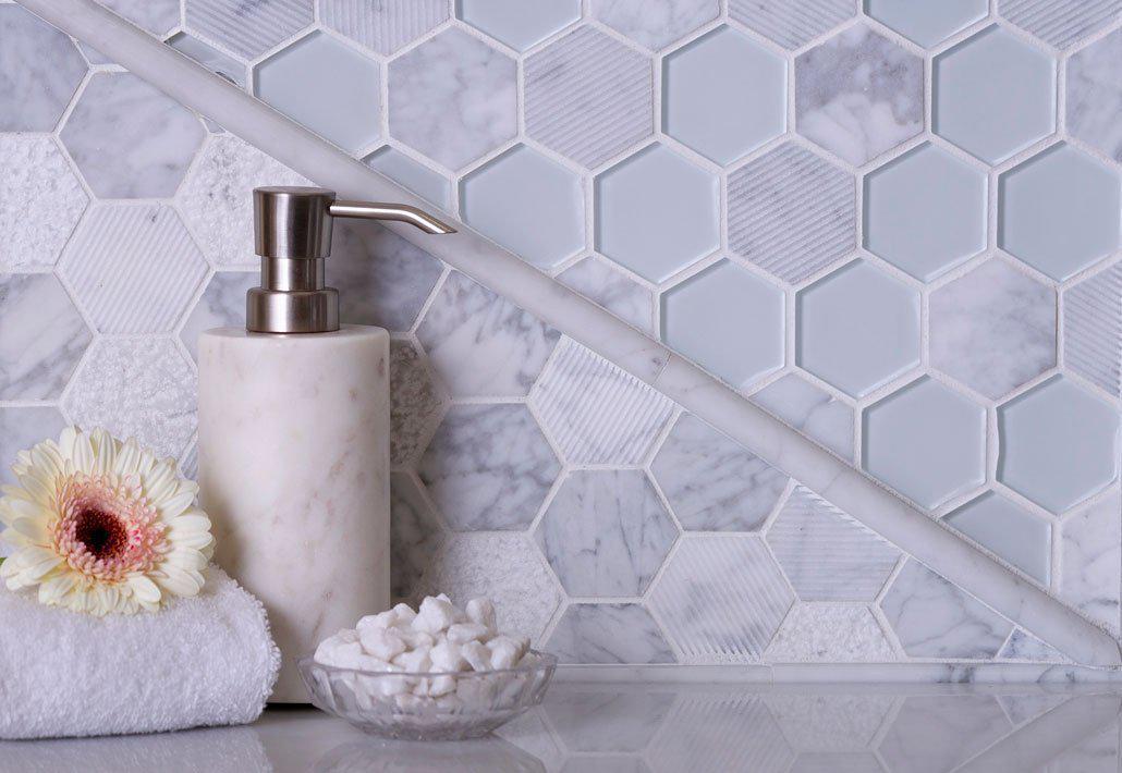 Textured Carrara And Glass Hexagon Mosaic Tile Position: 3