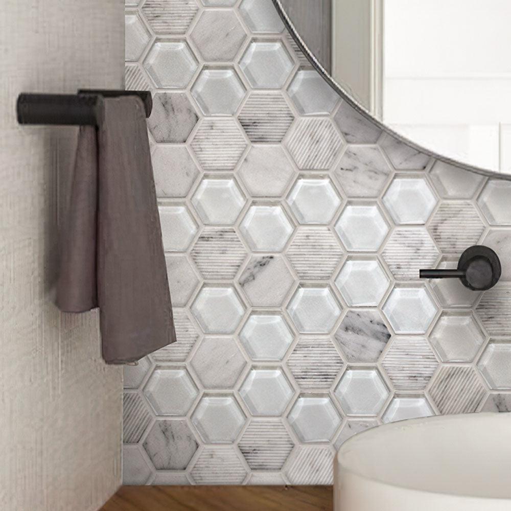 Textured Carrara And Glass Hexagon Mosaic Tile | Tile Club
