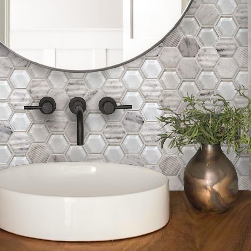 Textured Carrara And Glass Hexagon Mosaic Tile | Tile Club