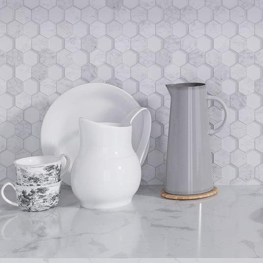 Kitchen Shelf with Utensils on the Textured Carrara And Glass Hexagon Mosaic Tile Wall Background