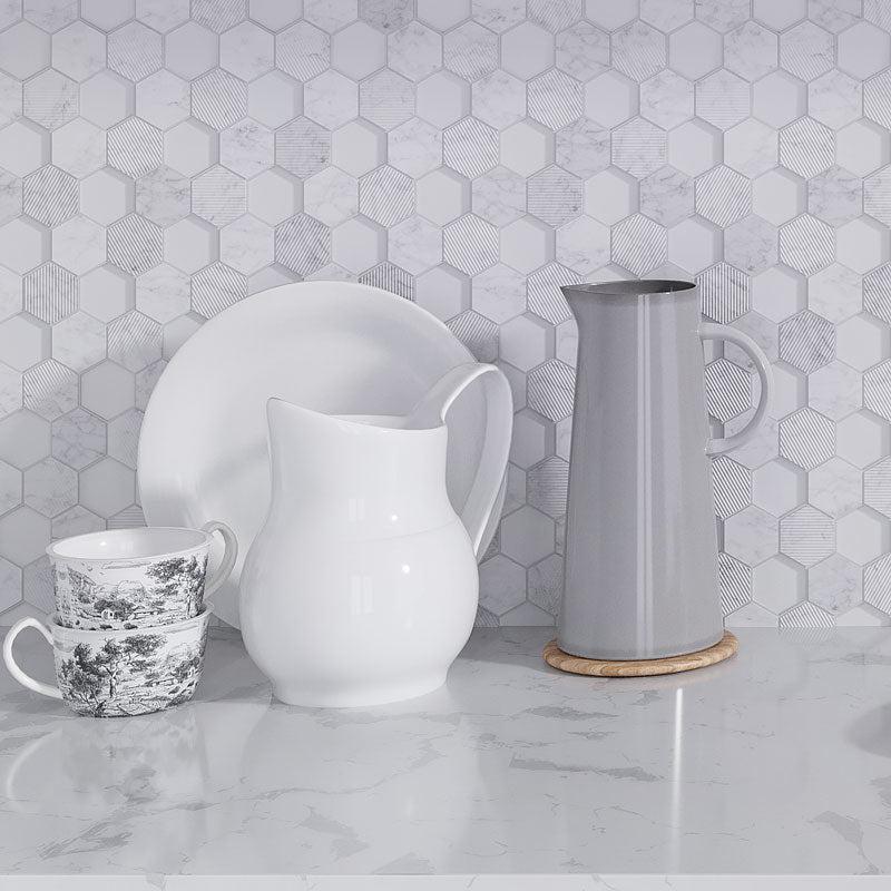 Kitchen Shelf with Utensils on the Textured Carrara And Glass Hexagon Mosaic Tile Wall Background