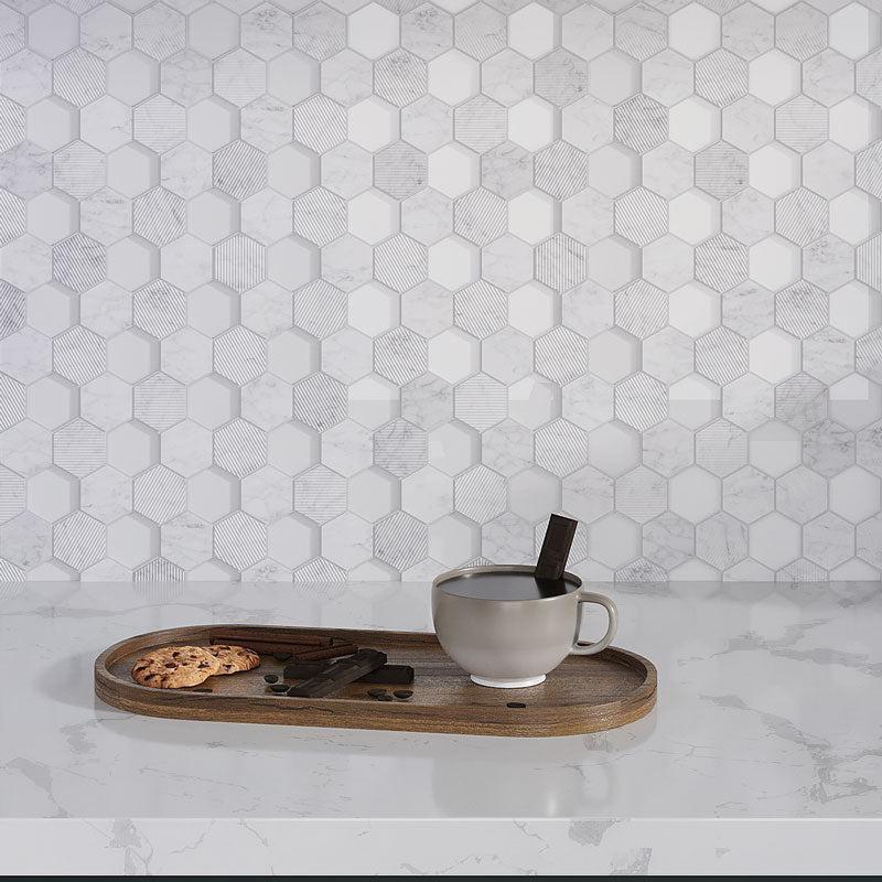 Tray with a Cup of Tea and Oatmeal Cookies on a Textured Carrara And Glass Hexagon Mosaic Tile Wall Background