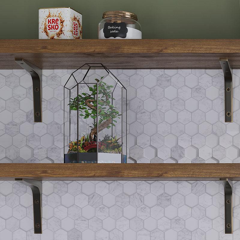 Ikebana on the Kitchen Shelf on the Background of the Textured Carrara And Glass Hexagon Mosaic Backsplash