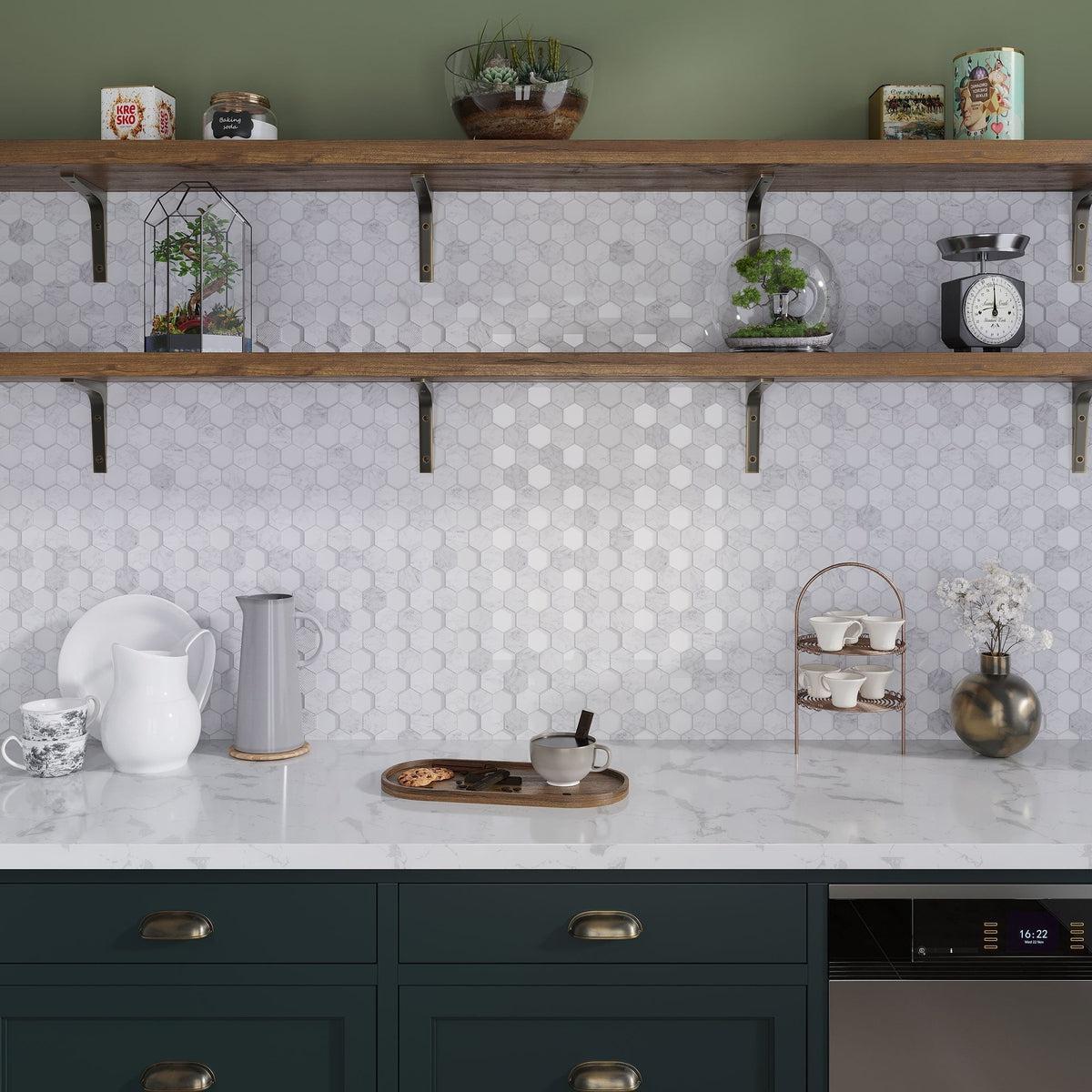 Green & Wood Kitchen with Textured Carrara And Glass Hexagon Mosaic Backsplash