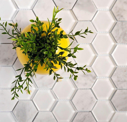 Textured Carrara And Glass Hexagon Mosaic Tile