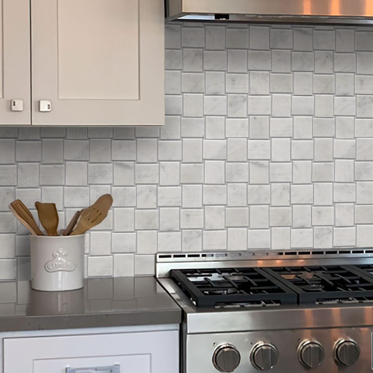 Textured Carrara Brick Marble Mosaic Kitchen Wall Tile