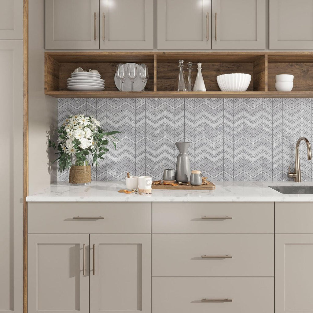 Textured gray marble herringbone kitchen wall tile