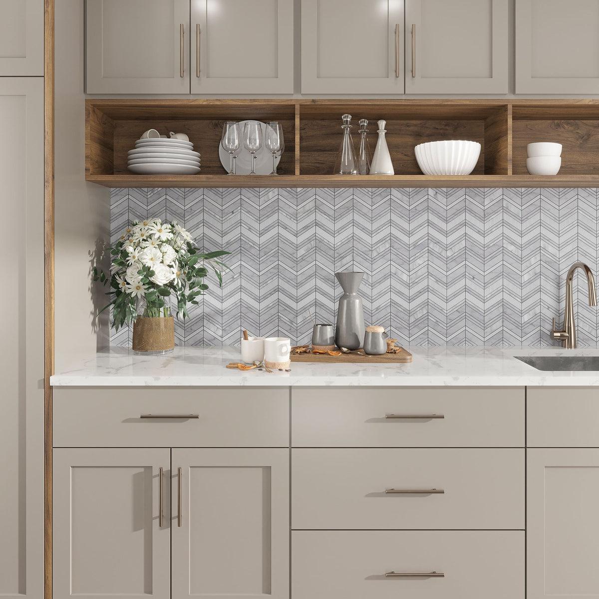 Textured gray marble herringbone kitchen wall tile