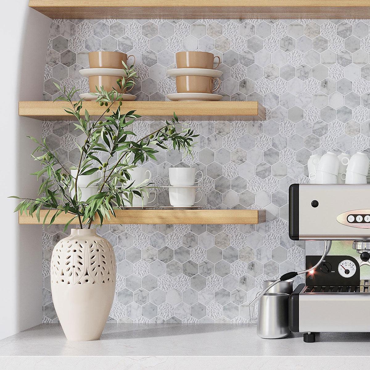 Textured Carrara Honeycomb Hexagon Marble Mosaic Tile Coffee Nook Backsplash