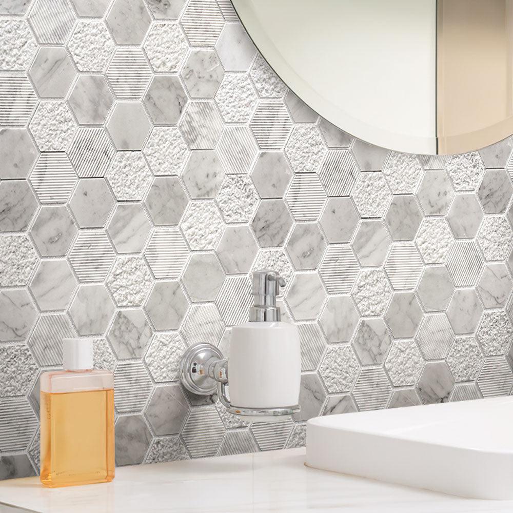 Textured Carrara Honeycomb Hexagon Marble Mosaic Tile | Tile Club