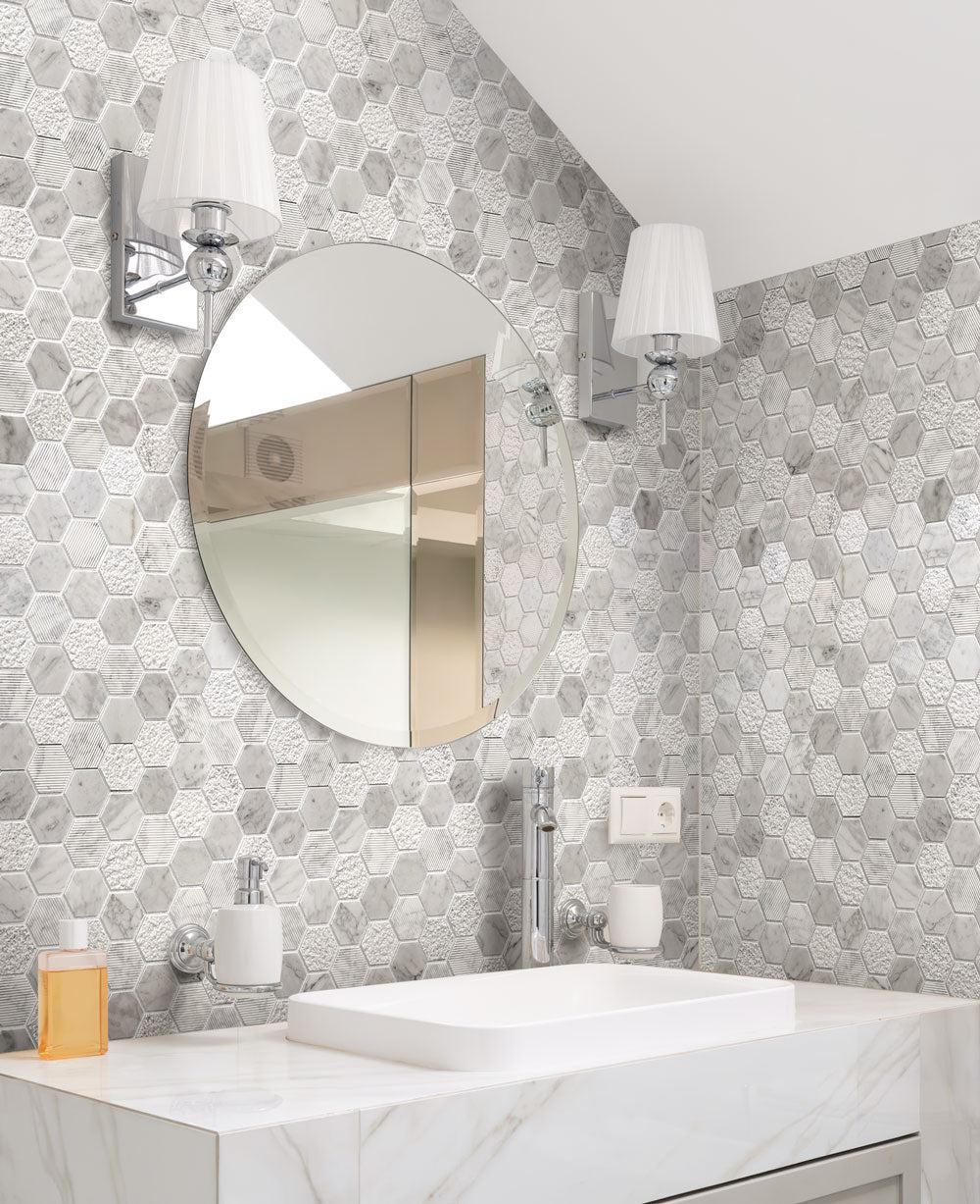 Bathroom in the attic with Textured Carrara Honeycomb Hexagon Marble Mosaic Tile walls