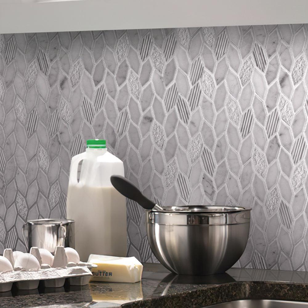Textured Carrara Leaf Marble Mosaic Tile | Tile Club
