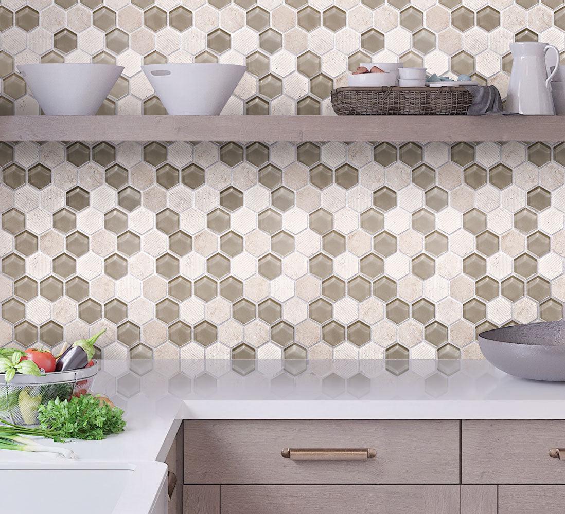 Textured Crema Marfil And Glass Hexagon Mosaic Tile kitchen backsplash
