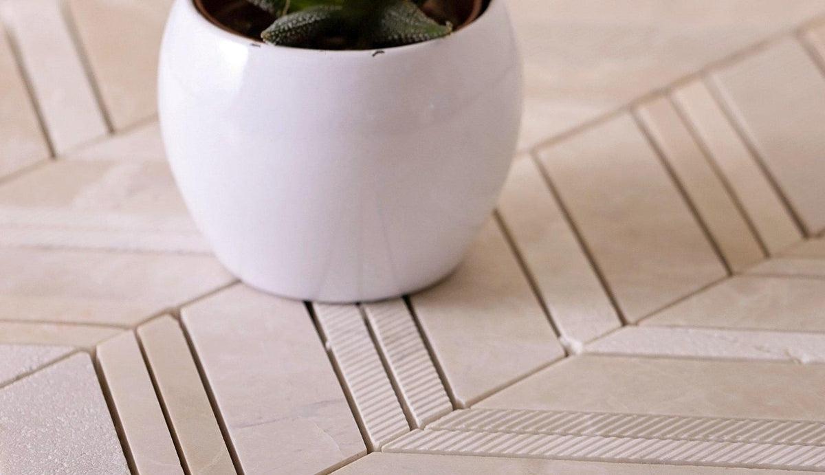 Textured Crema Marfil Chevron Marble Mosaic Tile | Tile Club