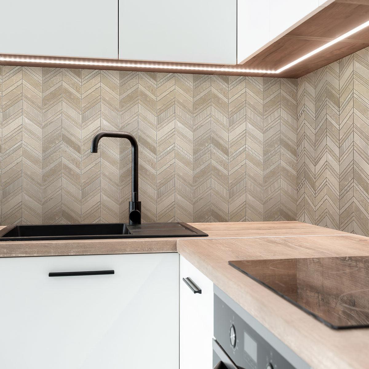 Textured beige marble chevron kitchen wall tile