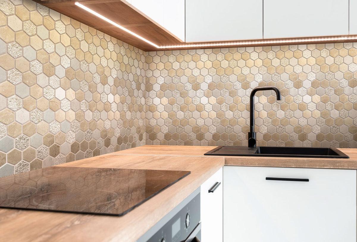Textured Crema Marfil Honeycomb Hexagon Marble Mosaic Tile kitchen backsplash
