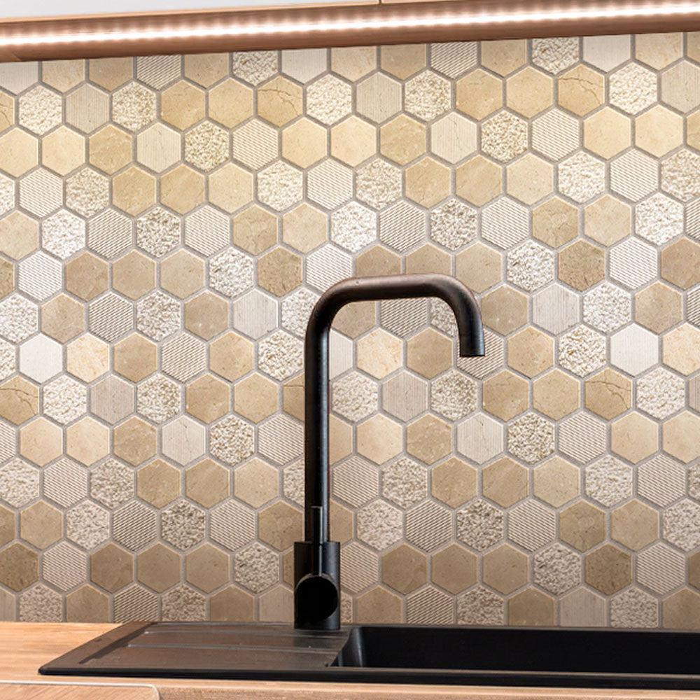 Textured Crema Marfil Honeycomb Hexagon Marble Mosaic Tile | Tile Club
