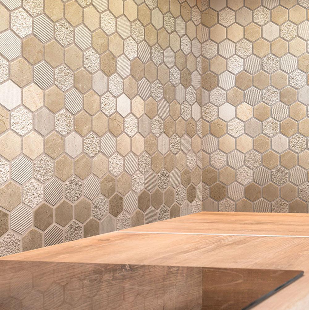 Textured Crema Marfil Honeycomb Hexagon Marble Mosaic Tile