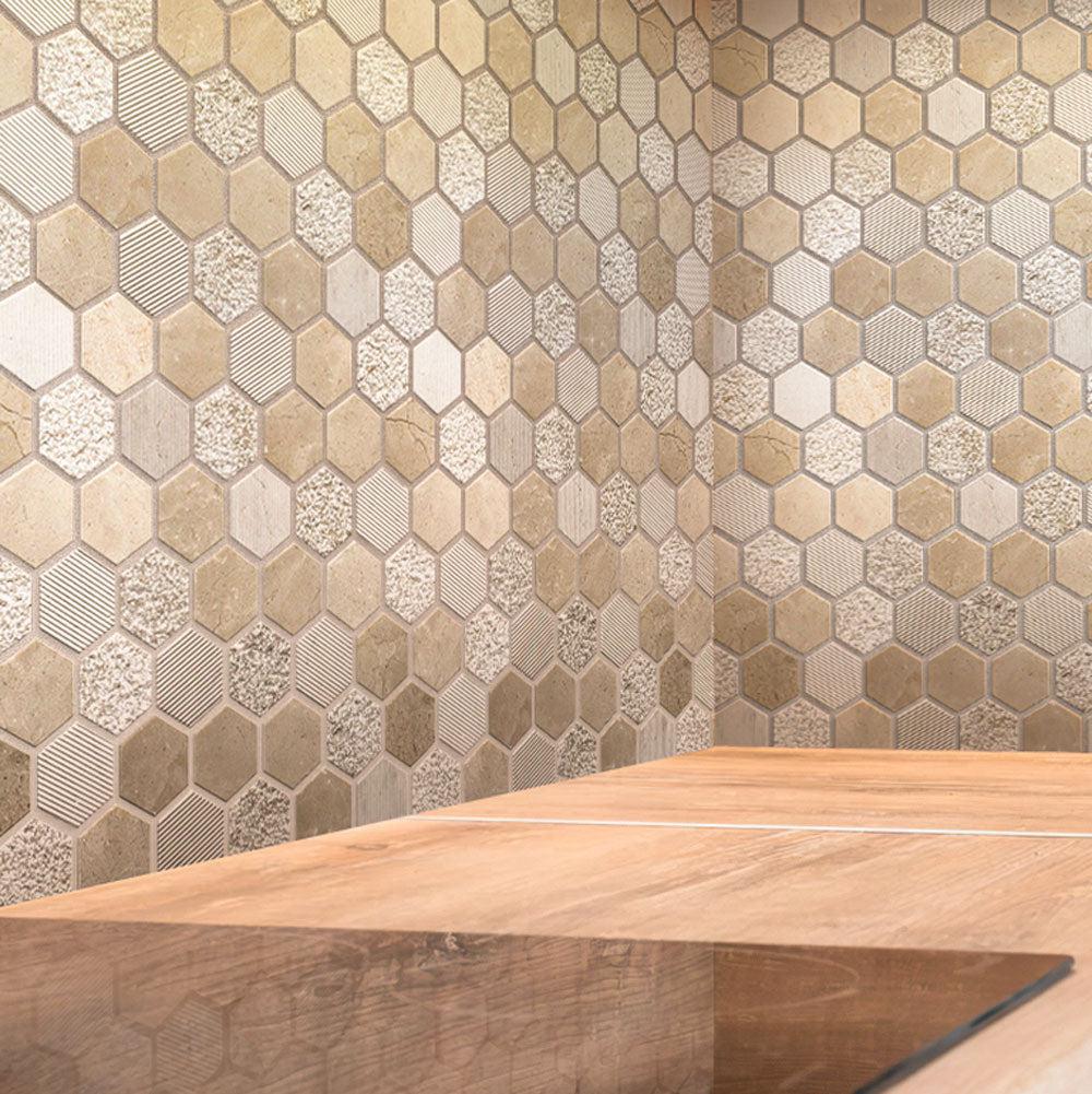 Textured Crema Marfil Honeycomb Hexagon Marble Mosaic Tile | Tile Club