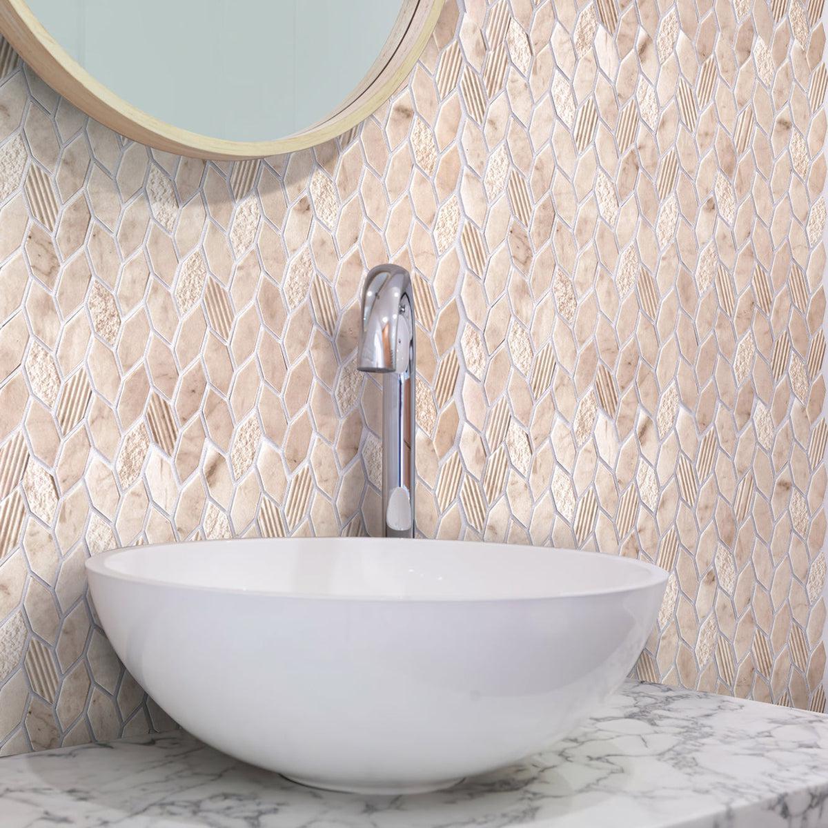 Textured Crema Marfil Leaf Marble Mosaic Tile bathroom backsplash