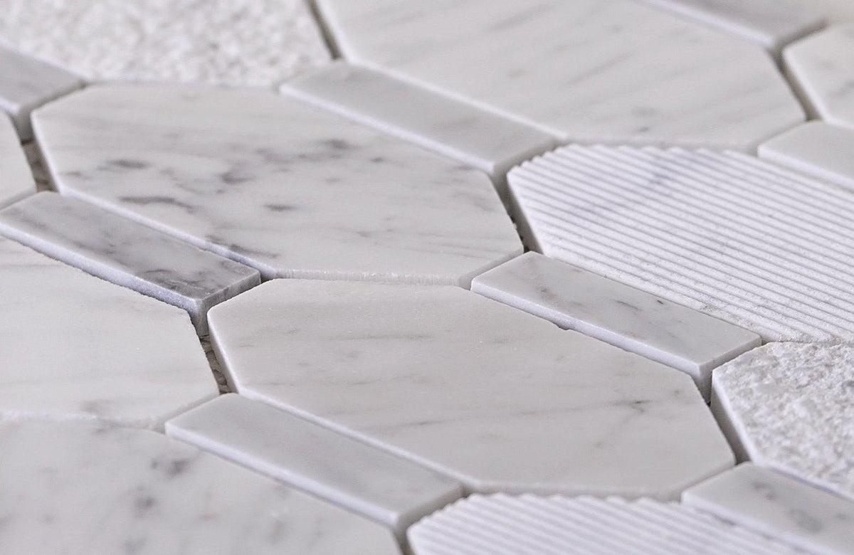 Textured Elongated Carrara Hexagon Marble Mosaic Tile Position: 3