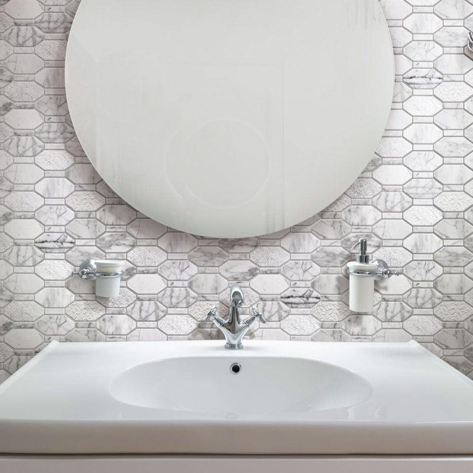 Textured Elongated Carrara Hexagon Marble Mosaic Tile